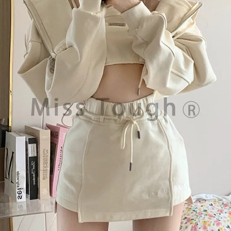 Autumn Casual Kawaii 3 Piece Set Women Japanese Sweet Hooded Sweatshirt Suit Female Korean Designer Solid Mini Skirt Suit 2024