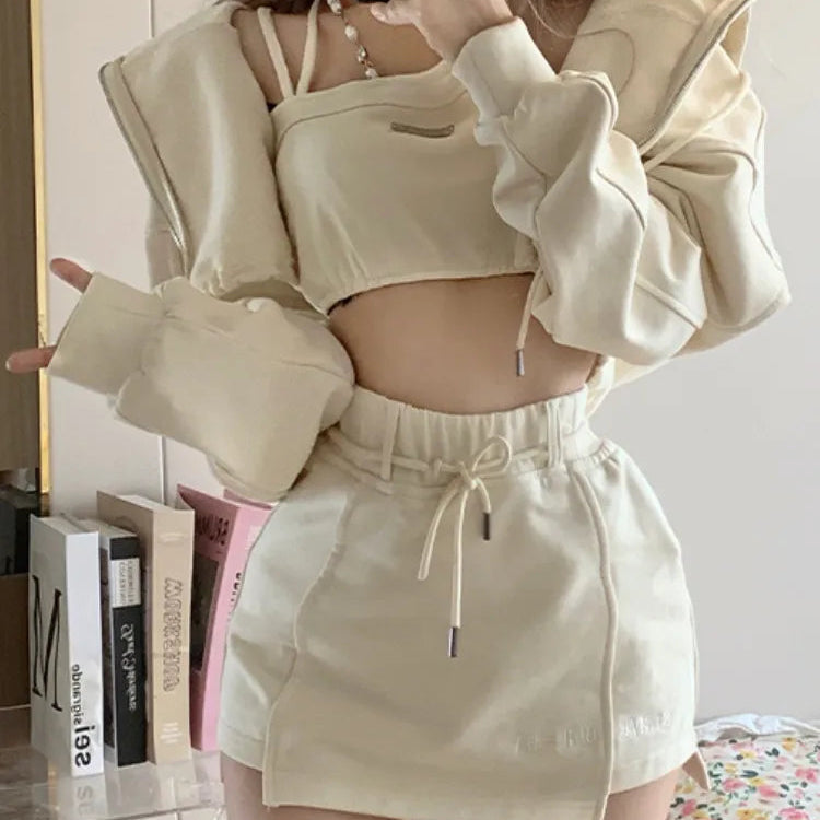 Autumn Casual Kawaii 3 Piece Set Women Japanese Sweet Hooded Sweatshirt Suit Female Korean Designer Solid Mini Skirt Suit 2024 AMAIO