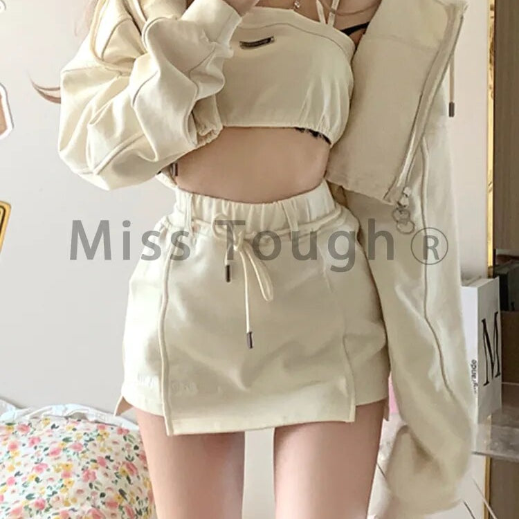 Autumn Casual Kawaii 3 Piece Set Women Japanese Sweet Hooded Sweatshirt Suit Female Korean Designer Solid Mini Skirt Suit 2024