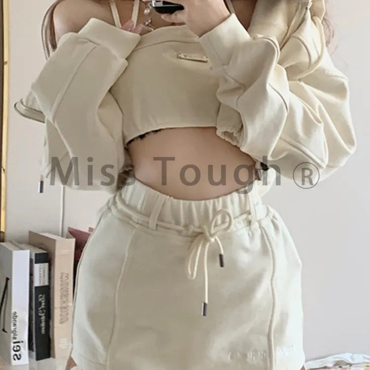 Autumn Casual Kawaii 3 Piece Set Women Japanese Sweet Hooded Sweatshirt Suit Female Korean Designer Solid Mini Skirt Suit 2024