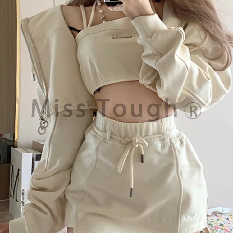 Autumn Casual Kawaii 3 Piece Set Women Japanese Sweet Hooded Sweatshirt Suit Female Korean Designer Solid Mini Skirt Suit 2024