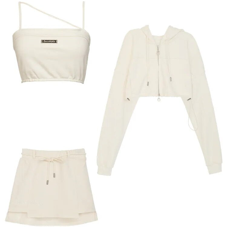 Autumn Casual Kawaii 3 Piece Set Women Japanese Sweet Hooded Sweatshirt Suit Female Korean Designer Solid Mini Skirt Suit 2024 Beige