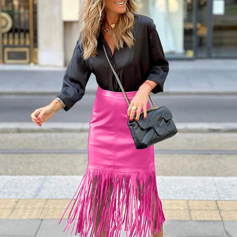 Autumn Chic Fringed Versatile Skirt Women Elegant Slim Fit Solid Lady Leather High Waist Skirt Casual Commuter High Street Skirt 02 Rose Red
