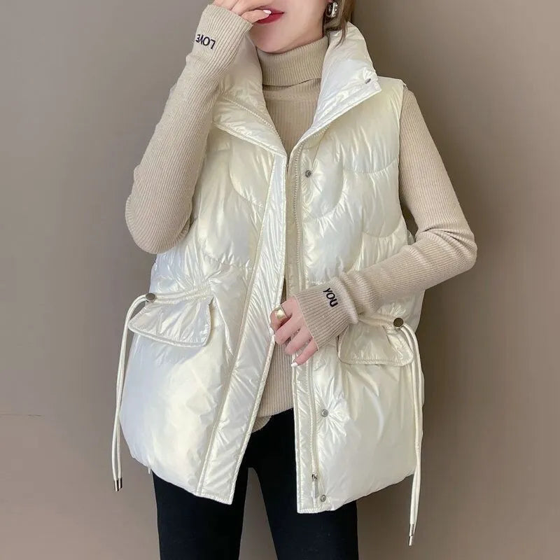 Autumn Elegant Women Stand Collar Cotton Padded Vest Winter Warm Female Sleeveless Jacket Solid Casual Fashion Coat Vests WHITE