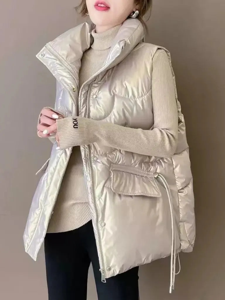 Autumn Elegant Women Stand Collar Cotton Padded Vest Winter Warm Female Sleeveless Jacket Solid Casual Fashion Coat Vests