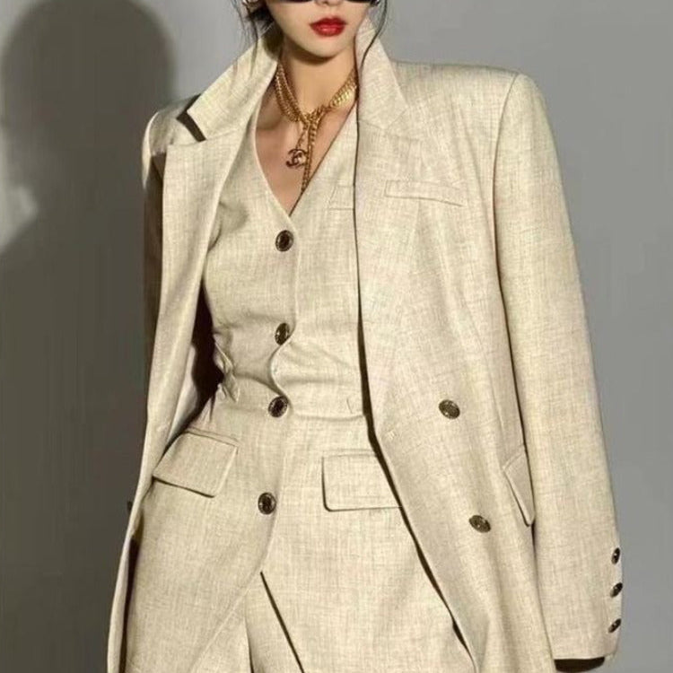 Autumn England Style Elegant Fashion 3 Piece Pant Sets For Women Korean Casual Blazer Coat + Vest Top + High Waist Short Sets