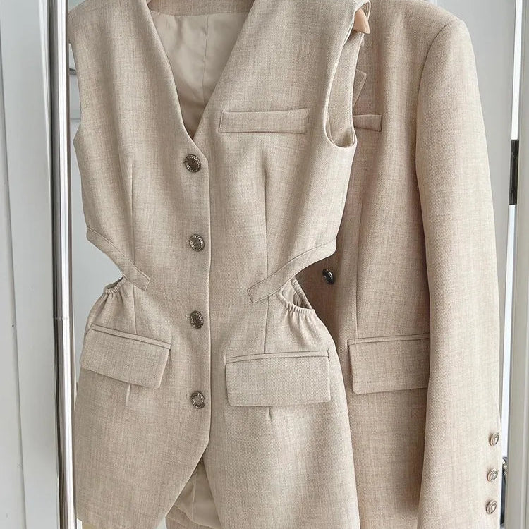 Autumn England Style Elegant Fashion 3 Piece Pant Sets For Women Korean Casual Blazer Coat + Vest Top + High Waist Short Sets