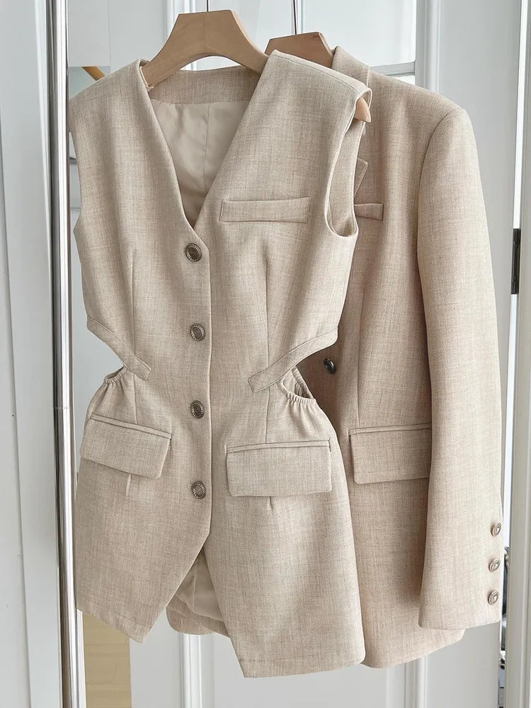 Autumn England Style Elegant Fashion 3 Piece Pant Sets For Women Korean Casual Blazer Coat + Vest Top + High Waist Short Sets