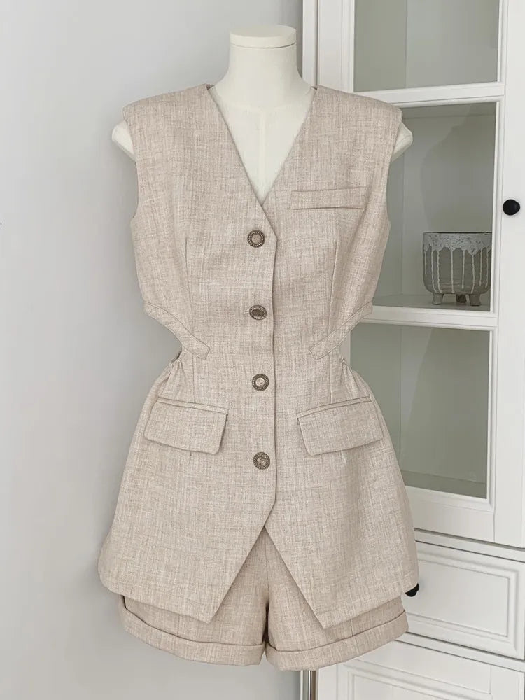 Autumn England Style Elegant Fashion 3 Piece Pant Sets For Women Korean Casual Blazer Coat + Vest Top + High Waist Short Sets