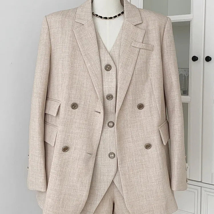 Autumn England Style Elegant Fashion 3 Piece Pant Sets For Women Korean Casual Blazer Coat + Vest Top + High Waist Short Sets