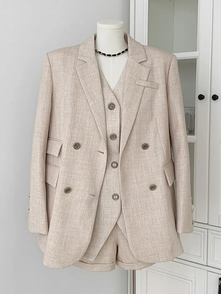 Autumn England Style Elegant Fashion 3 Piece Pant Sets For Women Korean Casual Blazer Coat + Vest Top + High Waist Short Sets