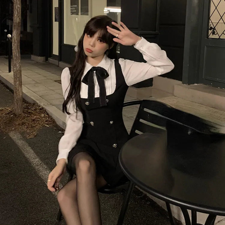 Autumn Fake Two Dress Women Slim Chic Long Sleeve Bow Casual Y2k Mini Dress Female Korean Fashion Elegant Short Party Dress