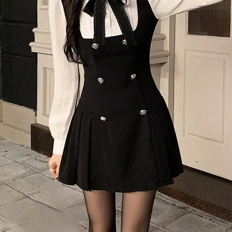 Autumn Fake Two Dress Women Slim Chic Long Sleeve Bow Casual Y2k Mini Dress Female Korean Fashion Elegant Short Party Dress AMAIO