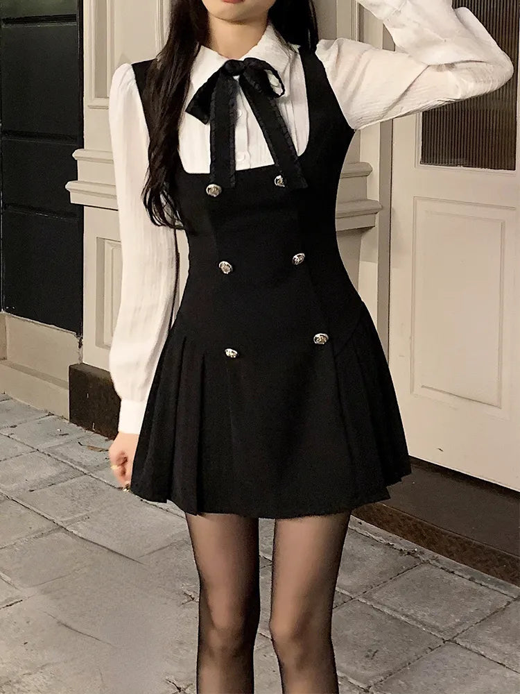 Autumn Fake Two Dress Women Slim Chic Long Sleeve Bow Casual Y2k Mini Dress Female Korean Fashion Elegant Short Party Dress AMAIO