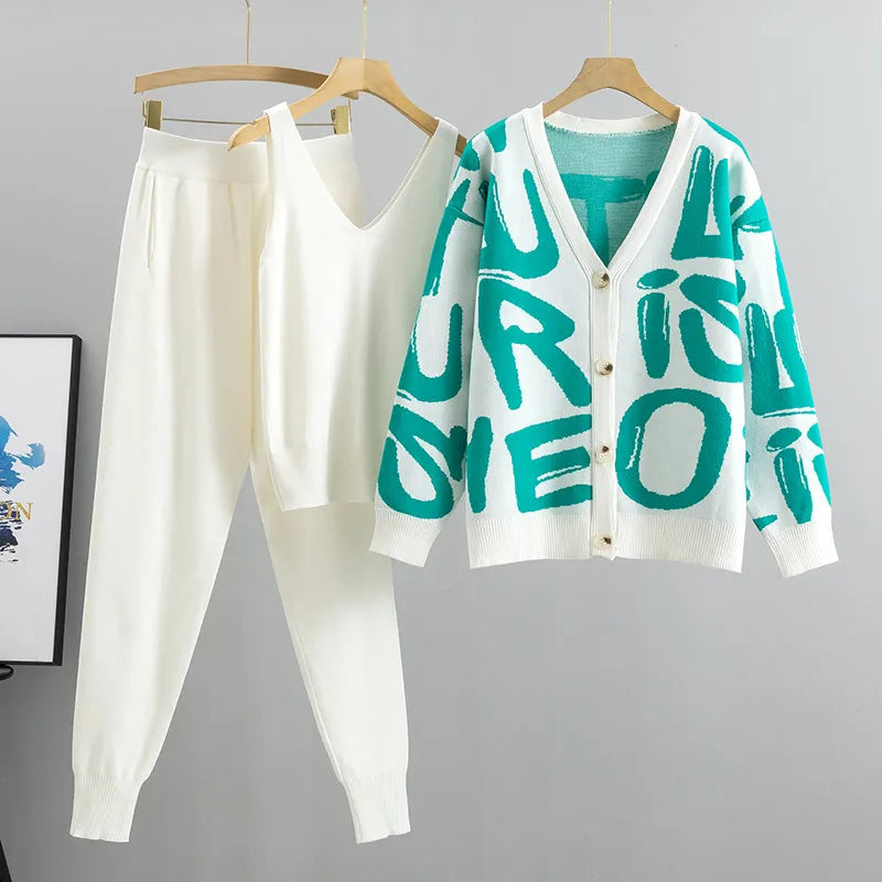 Autumn Fashion Designer 3 Piece Women Cardigan Tracksuits Letters Knitted Pocket Harem Pant Sets Ladies Sweater Cloth Suits AMAIO