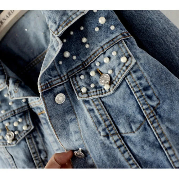 Autumn Fashion Women’s Denim Jacket Full Sleeve Loose Button Pearls Short Lapel Wild Casual