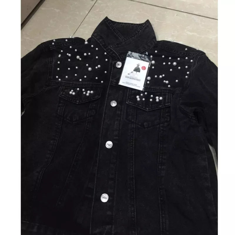 Autumn Fashion Women’s Denim Jacket Full Sleeve Loose Button Pearls Short Lapel Wild Casual black jackets