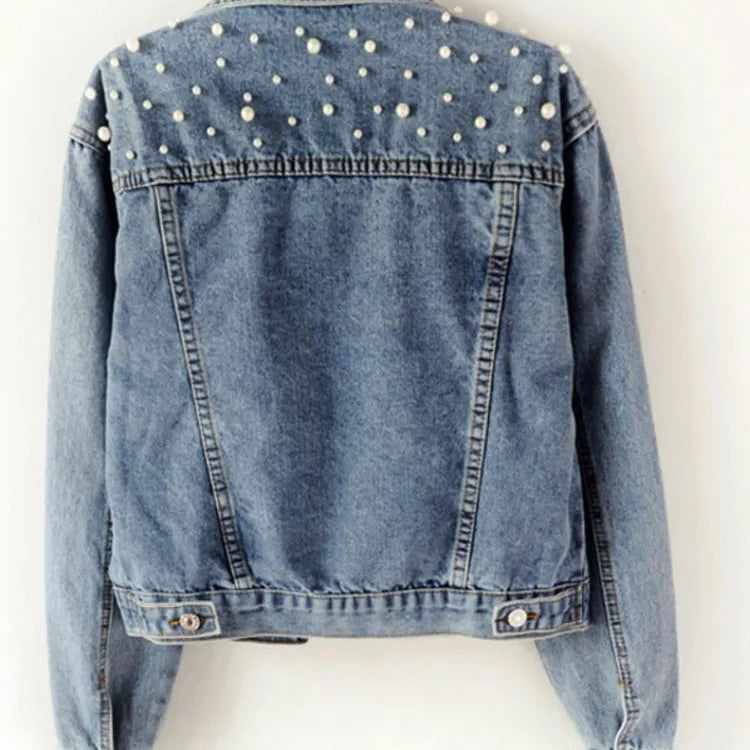 Autumn Fashion Women’s Denim Jacket Full Sleeve Loose Button Pearls Short Lapel Wild Casual