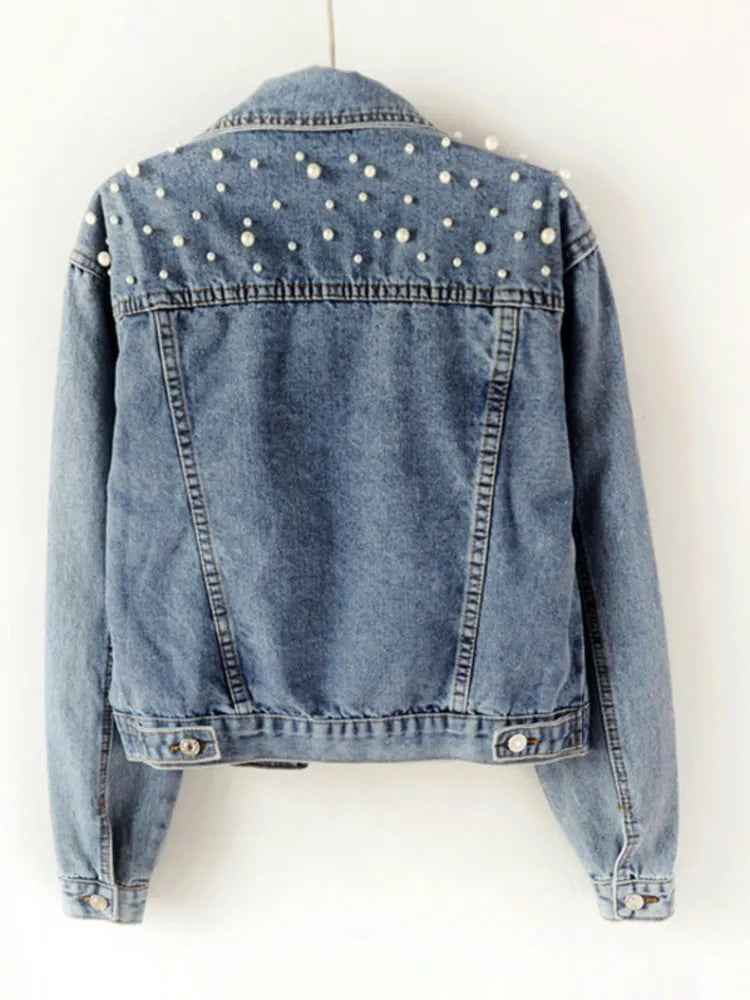 Autumn Fashion Women’s Denim Jacket Full Sleeve Loose Button Pearls Short Lapel Wild Casual