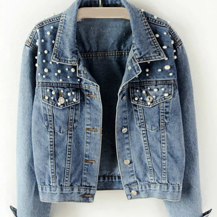 Autumn Fashion Women’s Denim Jacket Full Sleeve Loose Button Pearls Short Lapel Wild Casual AMAIO