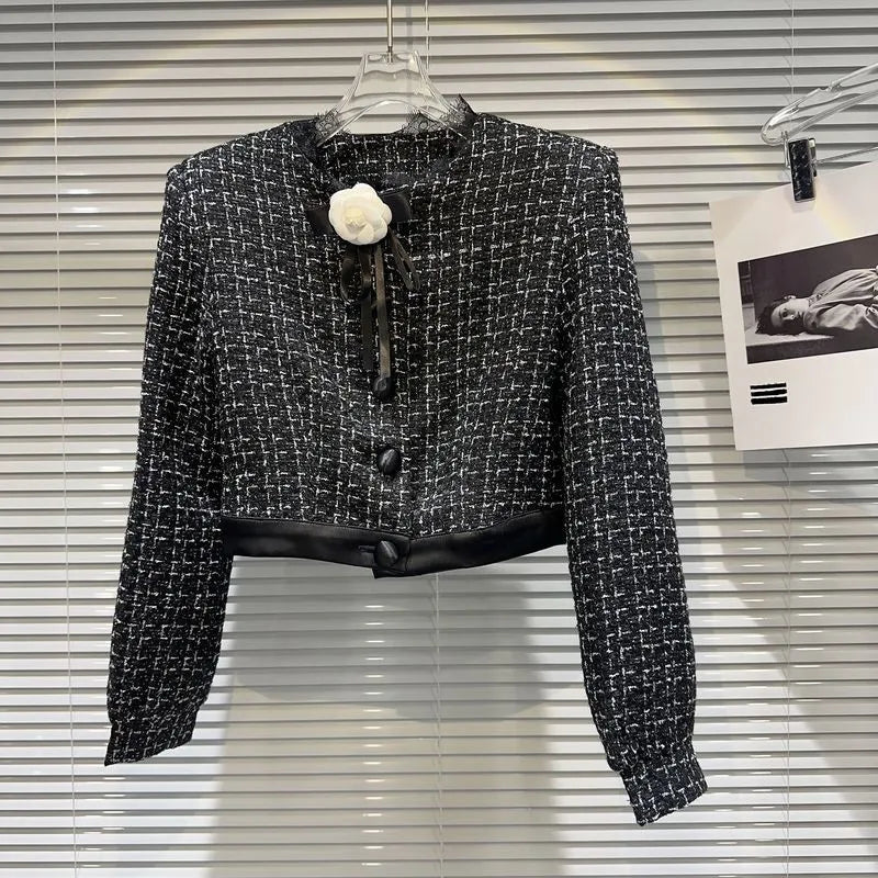 Autumn Feathers Camisole Floral Pin Plaid Jacket Slim Shorts Three Piece Set Outfits Women Black Jacket