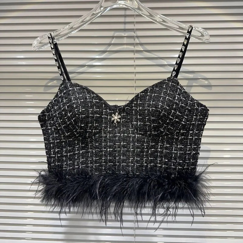 Autumn Feathers Camisole Floral Pin Plaid Jacket Slim Shorts Three Piece Set Outfits Women Black Sling