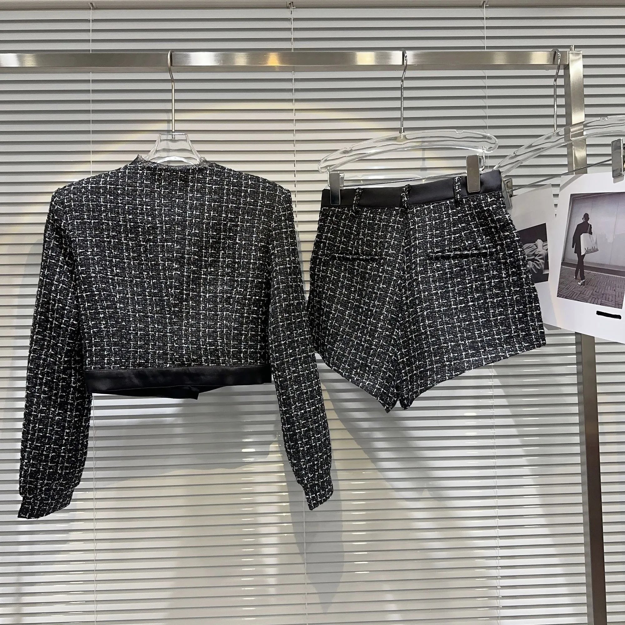 Autumn Feathers Camisole Floral Pin Plaid Jacket Slim Shorts Three Piece Set Outfits Women