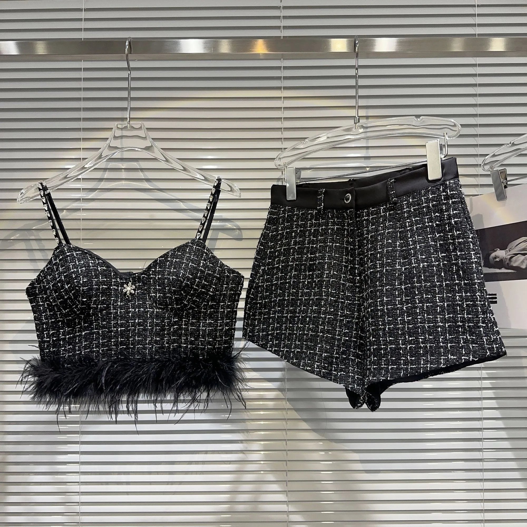 Autumn Feathers Camisole Floral Pin Plaid Jacket Slim Shorts Three Piece Set Outfits Women