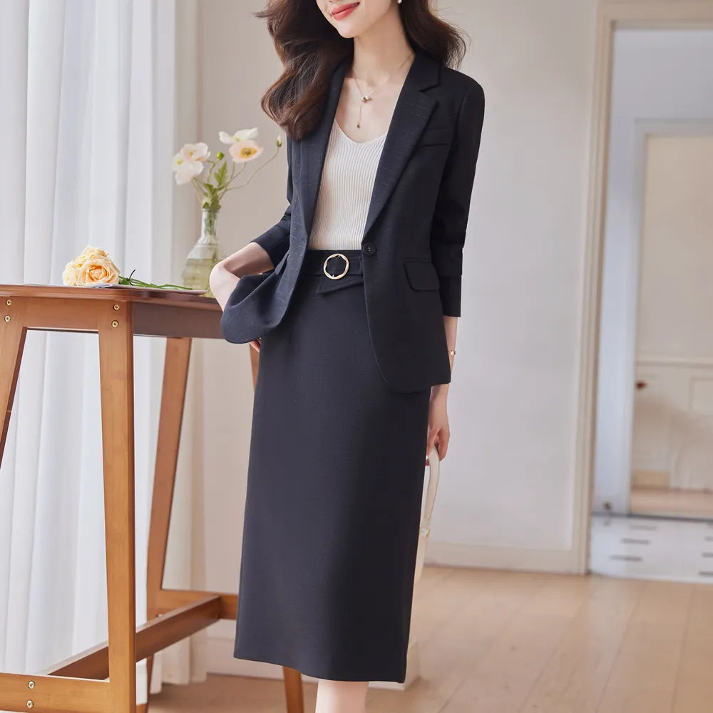 Autumn Formal Blazer Skirt Sets Outfits Korean Female Business Womens Office Ladies Work Jacket Suit 2-piece Set 2024 Winter New Black Blazer Skirt