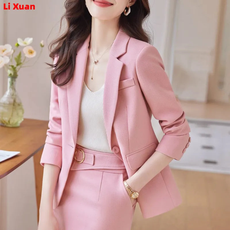 Autumn Pink Two Piece Dress Set Women Blazer Coat+strap Dress Set
