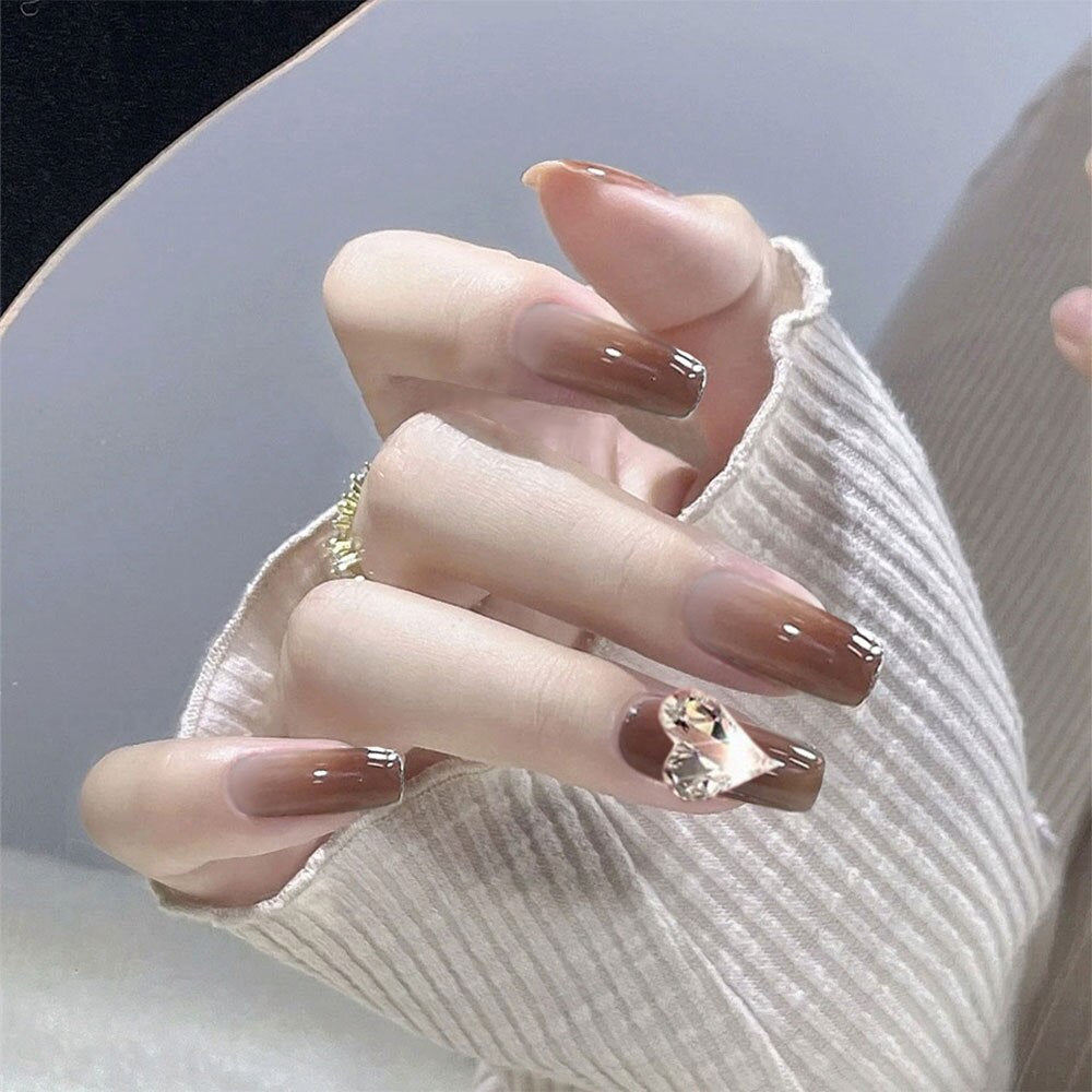 Autumn French False Nails with Butterfly Pearl Decor Bride Fake Nail Wearable Press on Nails Coffin Ballet Nail Tips for Girls S10