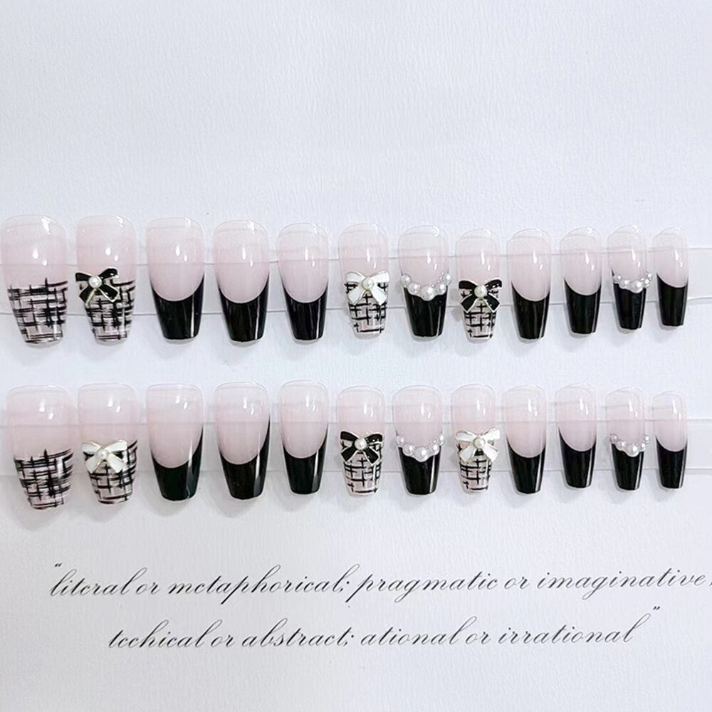 Autumn French False Nails with Butterfly Pearl Decor Bride Fake Nail Wearable Press on Nails Coffin Ballet Nail Tips for Girls