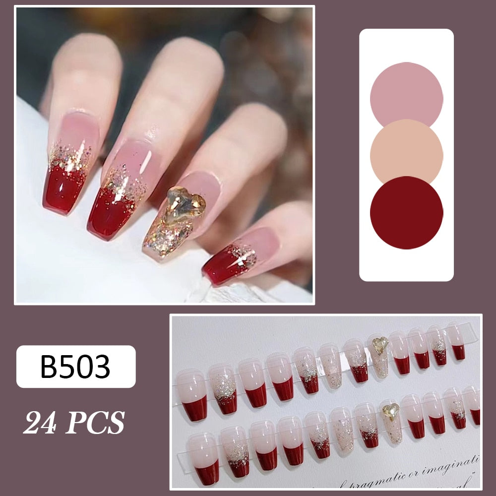Autumn French False Nails with Butterfly Pearl Decor Bride Fake Nail Wearable Press on Nails Coffin Ballet Nail Tips for Girls S3
