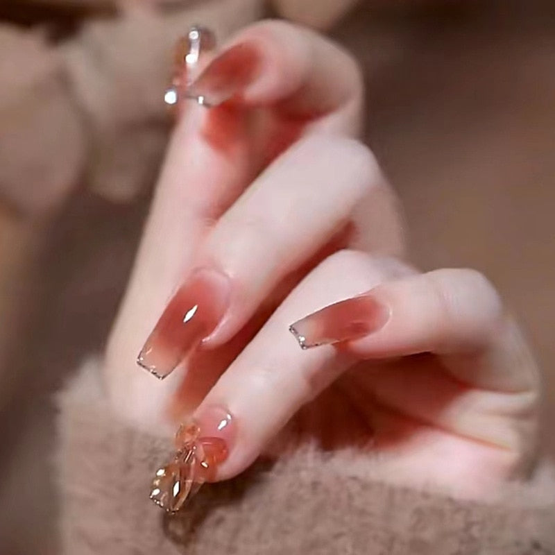 Autumn French False Nails with Butterfly Pearl Decor Bride Fake Nail Wearable Press on Nails Coffin Ballet Nail Tips for Girls S5