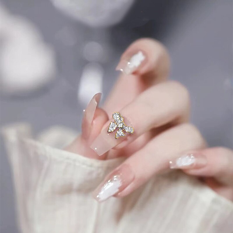 Autumn French False Nails with Butterfly Pearl Decor Bride Fake Nail Wearable Press on Nails Coffin Ballet Nail Tips for Girls S4