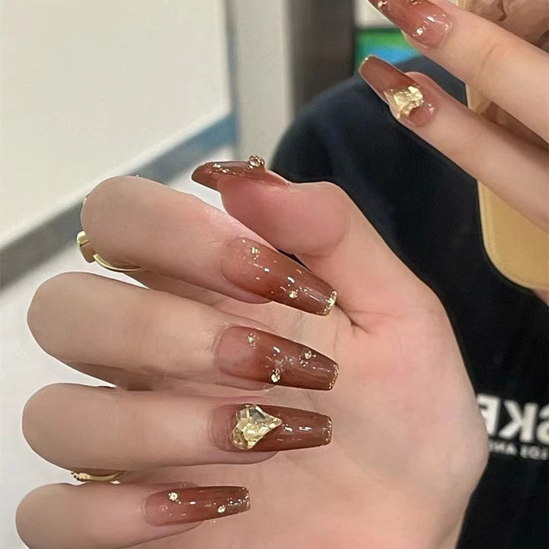 Autumn French False Nails with Butterfly Pearl Decor Bride Fake Nail Wearable Press on Nails Coffin Ballet Nail Tips for Girls S6