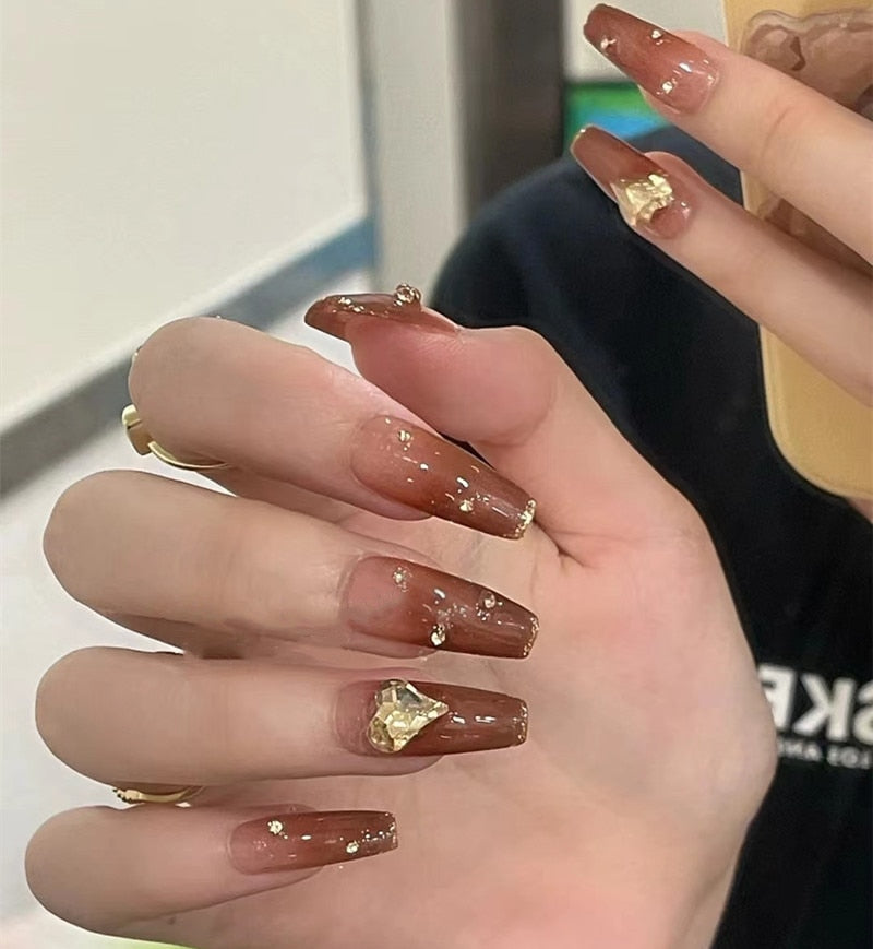 Autumn French False Nails with Butterfly Pearl Decor Bride Fake Nail Wearable Press on Nails Coffin Ballet Nail Tips for Girls S6