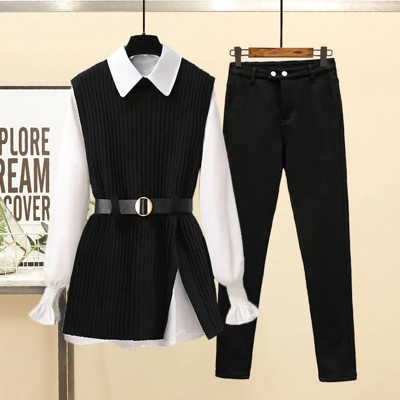 Autumn Increased Size Korean Popular Chiffon Shirt Knitted Sweater Jeans Three Piece Elegant Women's Pants Set Tracksuit three piece set 8