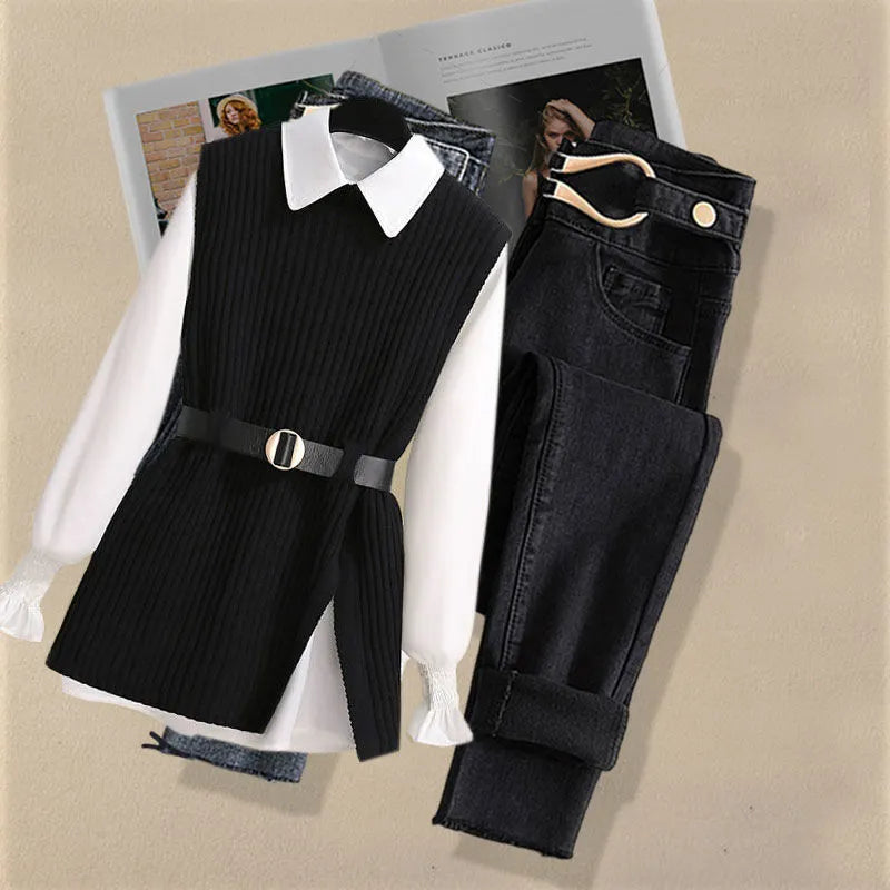 Autumn Increased Size Korean Popular Chiffon Shirt Knitted Sweater Jeans Three Piece Elegant Women's Pants Set Tracksuit three piece set 6