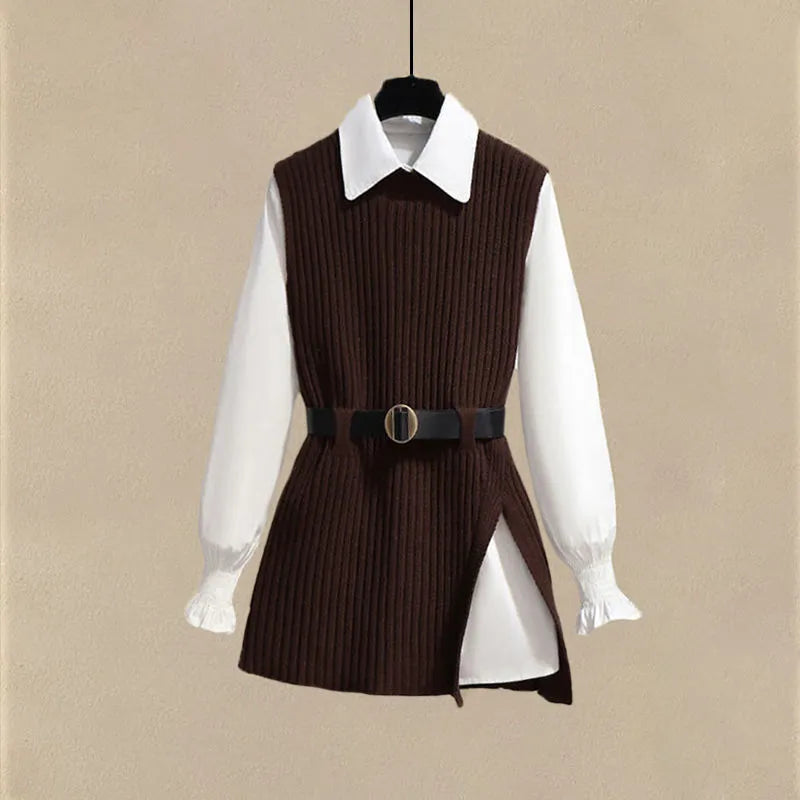 Autumn Increased Size Korean Popular Chiffon Shirt Knitted Sweater Jeans Three Piece Elegant Women's Pants Set Tracksuit shirt and sweater 2