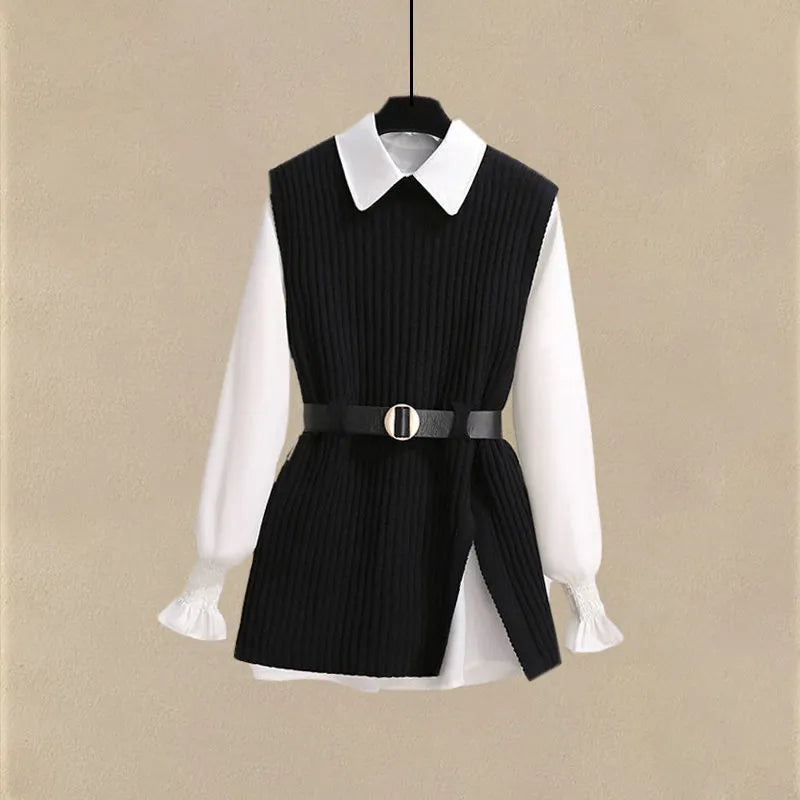 Autumn Increased Size Korean Popular Chiffon Shirt Knitted Sweater Jeans Three Piece Elegant Women's Pants Set Tracksuit shirt and sweater 3