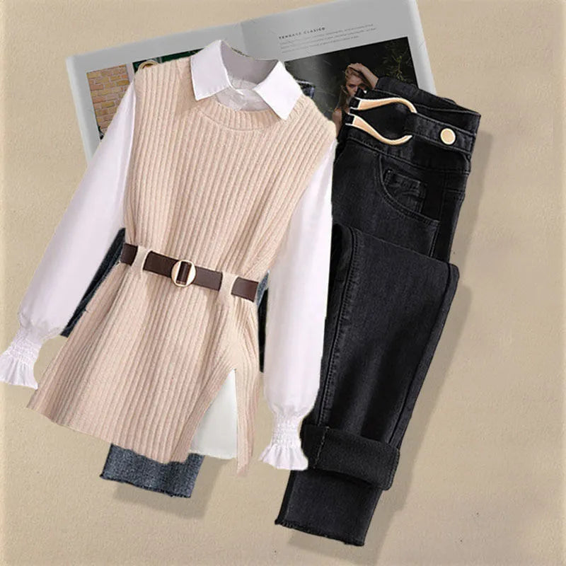 Autumn Increased Size Korean Popular Chiffon Shirt Knitted Sweater Jeans Three Piece Elegant Women's Pants Set Tracksuit three piece set 4