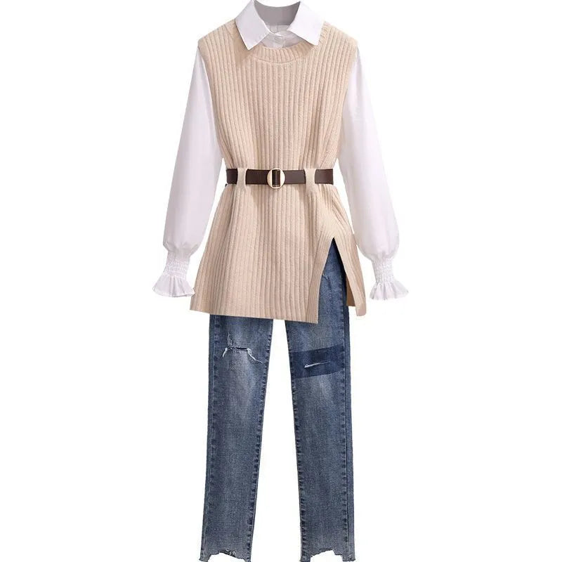Autumn Increased Size Korean Popular Chiffon Shirt Knitted Sweater Jeans Three Piece Elegant Women's Pants Set Tracksuit three piece set 7
