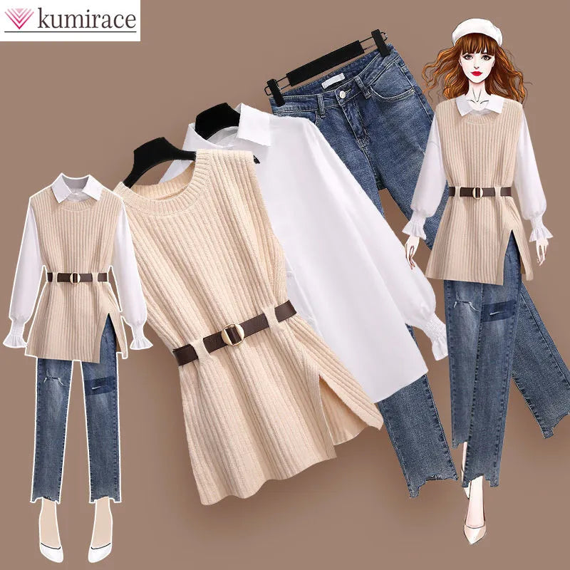 Autumn Increased Size Korean Popular Chiffon Shirt Knitted Sweater Jeans Three Piece Elegant Women's Pants Set Tracksuit