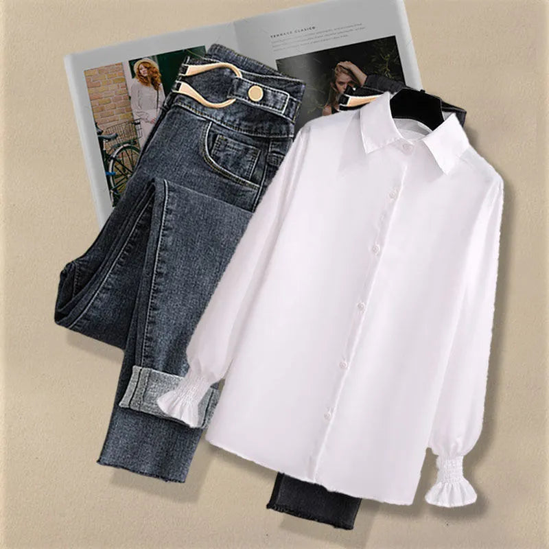 Autumn Increased Size Korean Popular Chiffon Shirt Knitted Sweater Jeans Three Piece Elegant Women's Pants Set Tracksuit shirt and jeans 1