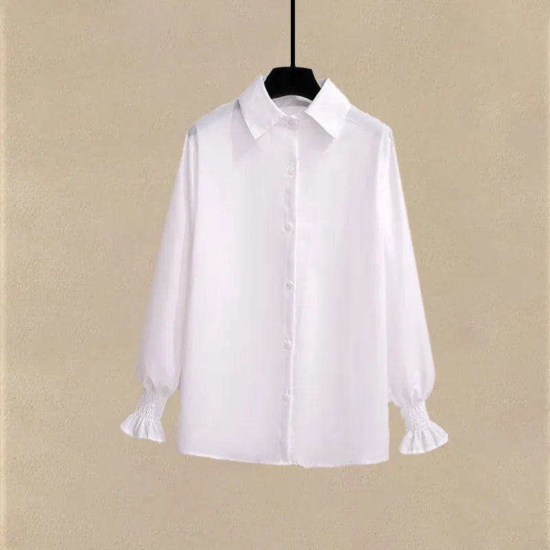 Autumn Increased Size Korean Popular Chiffon Shirt Knitted Sweater Jeans Three Piece Elegant Women's Pants Set Tracksuit white shirt