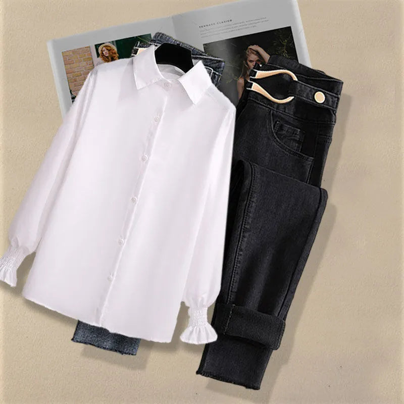 Autumn Increased Size Korean Popular Chiffon Shirt Knitted Sweater Jeans Three Piece Elegant Women's Pants Set Tracksuit shirt and jeans 2