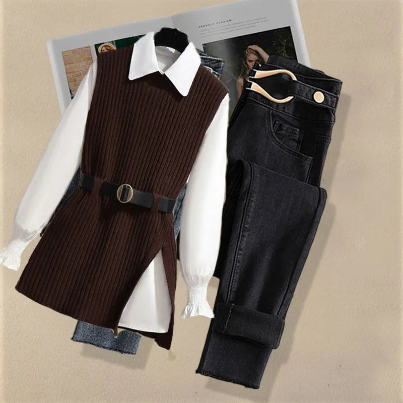 Autumn Increased Size Korean Popular Chiffon Shirt Knitted Sweater Jeans Three Piece Elegant Women's Pants Set Tracksuit three piece set 5