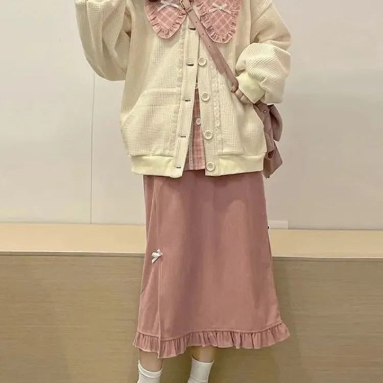 Autumn Japanese Kawaii 3 Piece Set Women Bow Sweet Elegant Party Midi Skirt Suit Female Korean Fashion Pink Plaid Cute Sets 2024