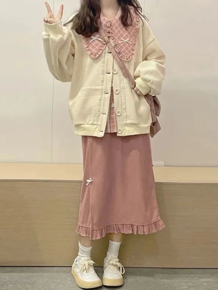 Autumn Japanese Kawaii 3 Piece Set Women Bow Sweet Elegant Party Midi Skirt Suit Female Korean Fashion Pink Plaid Cute Sets 2024